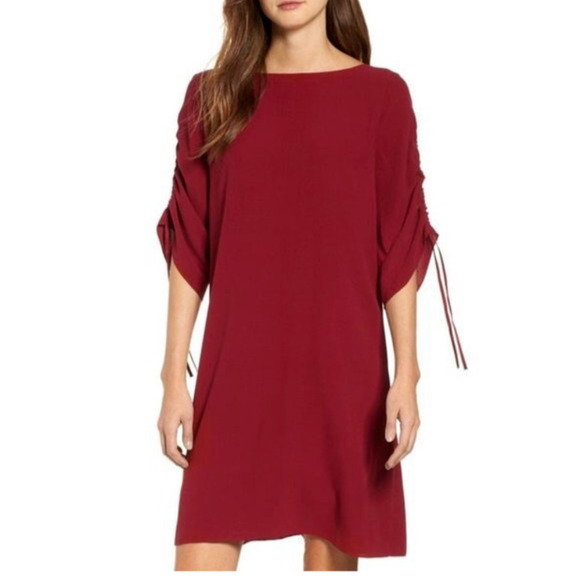 Eileen Fisher S Dress Silk Burgundy Ruched Tie Sleeves Pullover Shift Relaxed - Picture 1 of 7